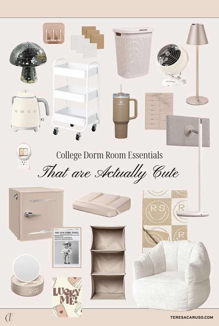 the collage is full of items that are mostly beige and white, including a chair, lamp, coffee cup, bookshelf, bookcase, table, desk, mug, and more