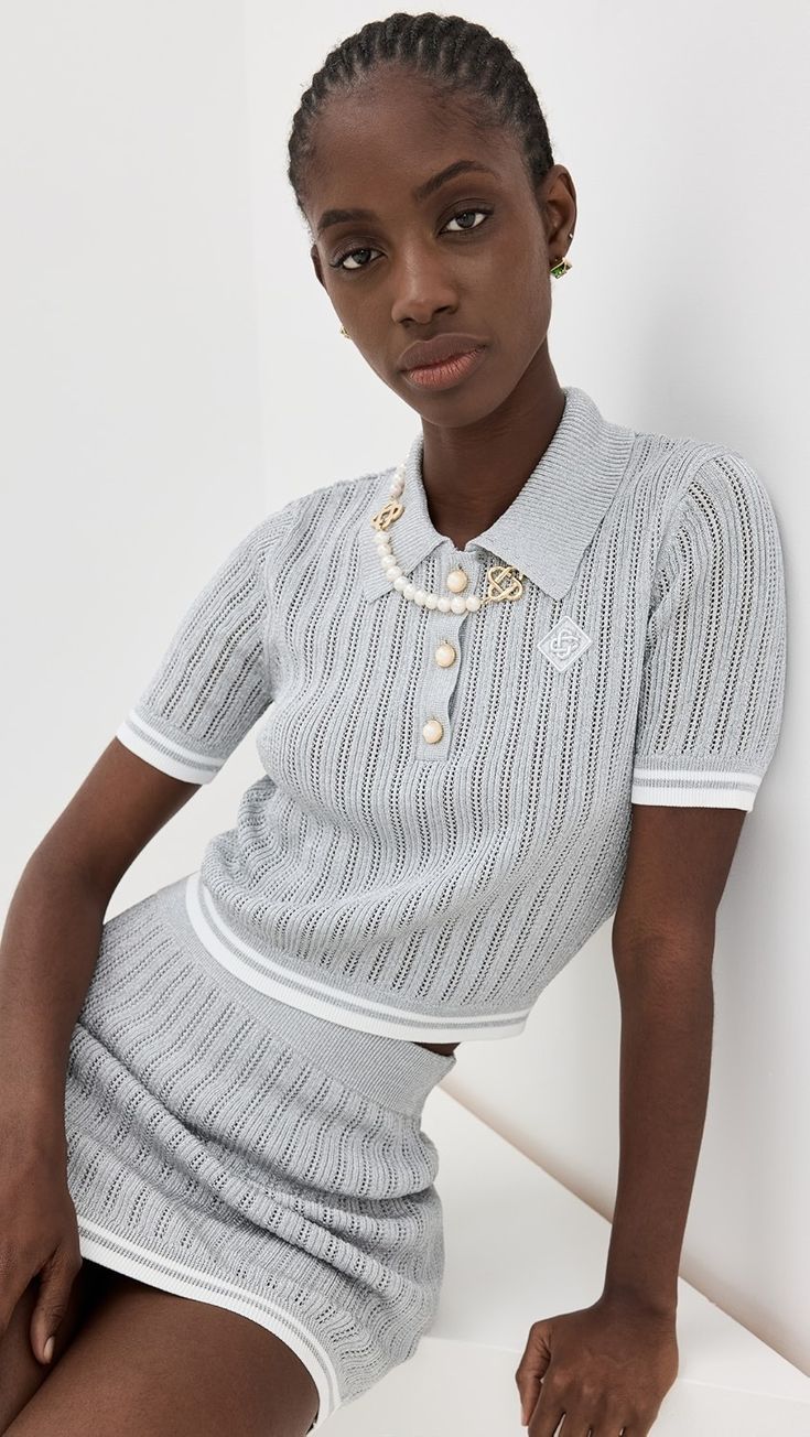 Casablanca Silver Polo | Shopbop Designer Short Sleeve Tops With Ribbed Collar, Designer Short Sleeve Top With Ribbed Collar, Elegant Short Sleeve Tops With Ribbed Collar, Elegant Summer Tops With Ribbed Collar, Sweaters Fall, Logo Emblem, Pointelle Knit, Emblem Logo, Fall Sweaters