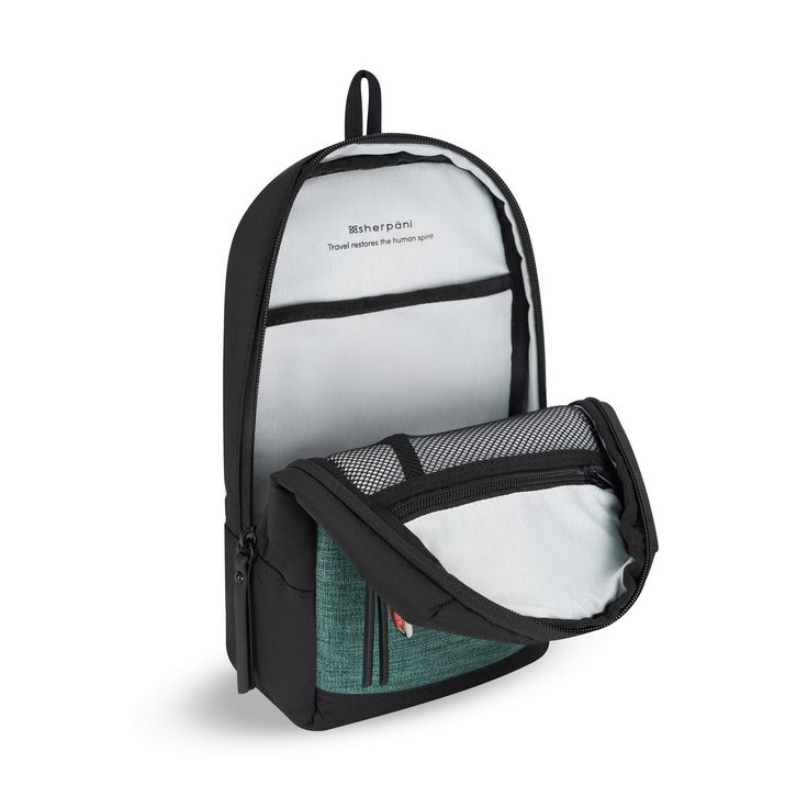 a black and white backpack with two compartments on the front, one is open to show it