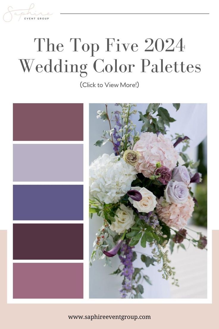 the top five color palettes for wedding bouquets in shades of purple, pink and white