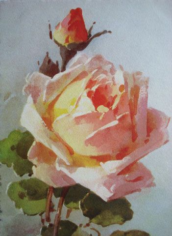 a painting of a pink rose with green leaves