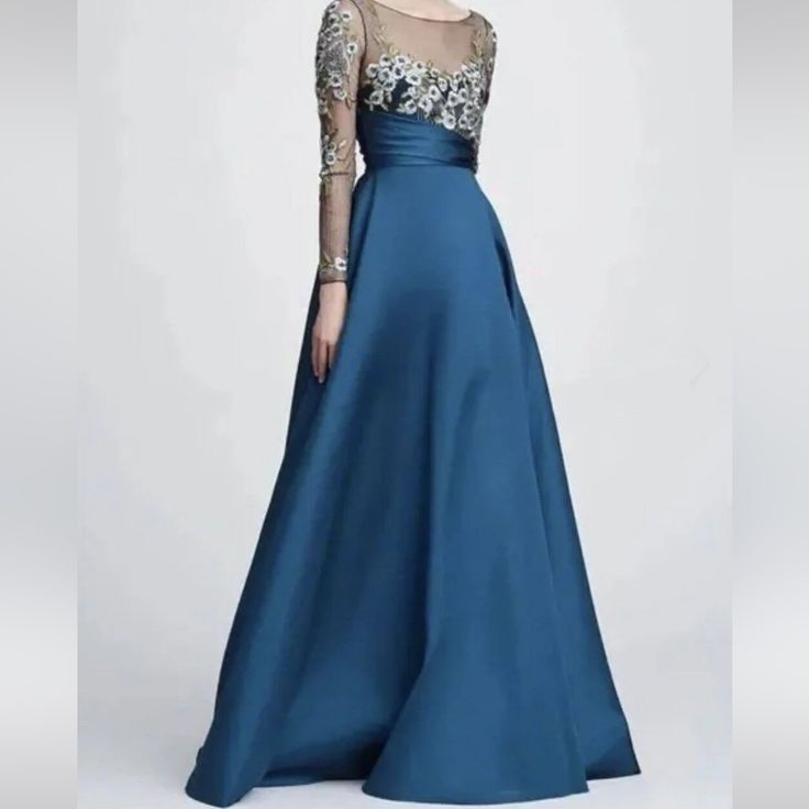 Marchesa Notte Mikado Long Sleeve Gown -Nwt Long Sleeve Mikado Ball Gown With 3d Floral Embroidered Bodice And Asymmetrical Waistband. Side Seam Pockets Dry Clean Only Retailed For $1295.00 Blue A-line Evening Dress For Banquet, Blue A-line Party Gown, Blue A-line Gown For Party, Sheer Bodice Floor-length Gown For Banquet, Blue A-line Maxi Dress For Prom, Floor-length Gown With Sheer Bodice For Banquets, Blue A-line Maxi Dress With Fitted Bodice, Formal Blue A-line Gown, Blue A-line Dress With Sweep Train