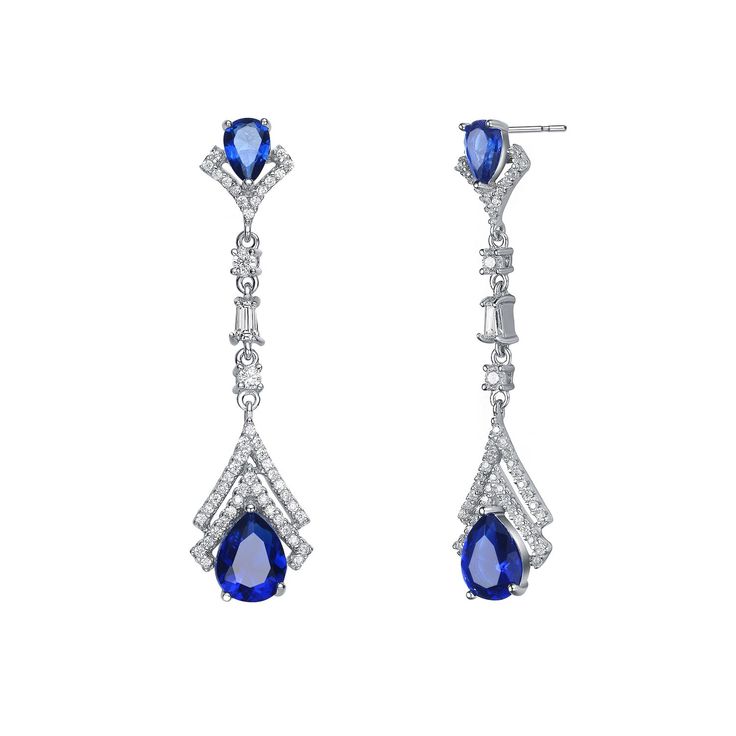 Dazzling with blue and white cubic zirconia gemstones, these sterling silver drop earrings lend an elegant touch to your wardrobe. Dazzling with blue and white cubic zirconia gemstones, these sterling silver drop earrings lend an elegant touch to your wardrobe.  Length: 42 mm Backings: post Metal: sterling silver Plating: rhodium Finish: polished Packaging: boxedSTONE DETAILS Stone type: cubic zirconia Total weight: 2 1/2 ct. Shape: baguette cut, pear, round Setting: prong Gemstones may have bee Sapphire Dangle Crystal Earrings For Formal Occasions, Sapphire Crystal Dangle Earrings For Formal Events, Sapphire Crystal Dangle Earrings For Formal Occasions, Blue Diamond-accented Evening Earrings, Elegant Earrings With Diamond Accents And Lab-created Sapphire, Blue Diamond Earrings With Sparkling Stones, Fine Jewelry Blue Sapphire Earrings, Blue Teardrop Diamond Earrings, Blue Diamond Drop Earrings With Accents