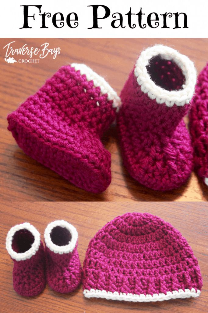 crocheted baby booties and hat with text overlay that says free pattern