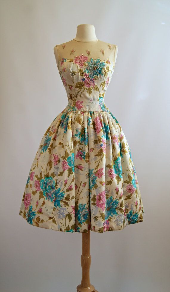 1950's Silk Floral Dress ~ Springtime In Paris ~ Vintage 50's Illusion Neckline Party Dress Winter Date Night, Springtime In Paris, Winter Date Night Outfits, Date Night Outfits, Afrikaanse Mode, Look Retro, Vintage Prom, Fashion 1950s, Silk Floral Dress