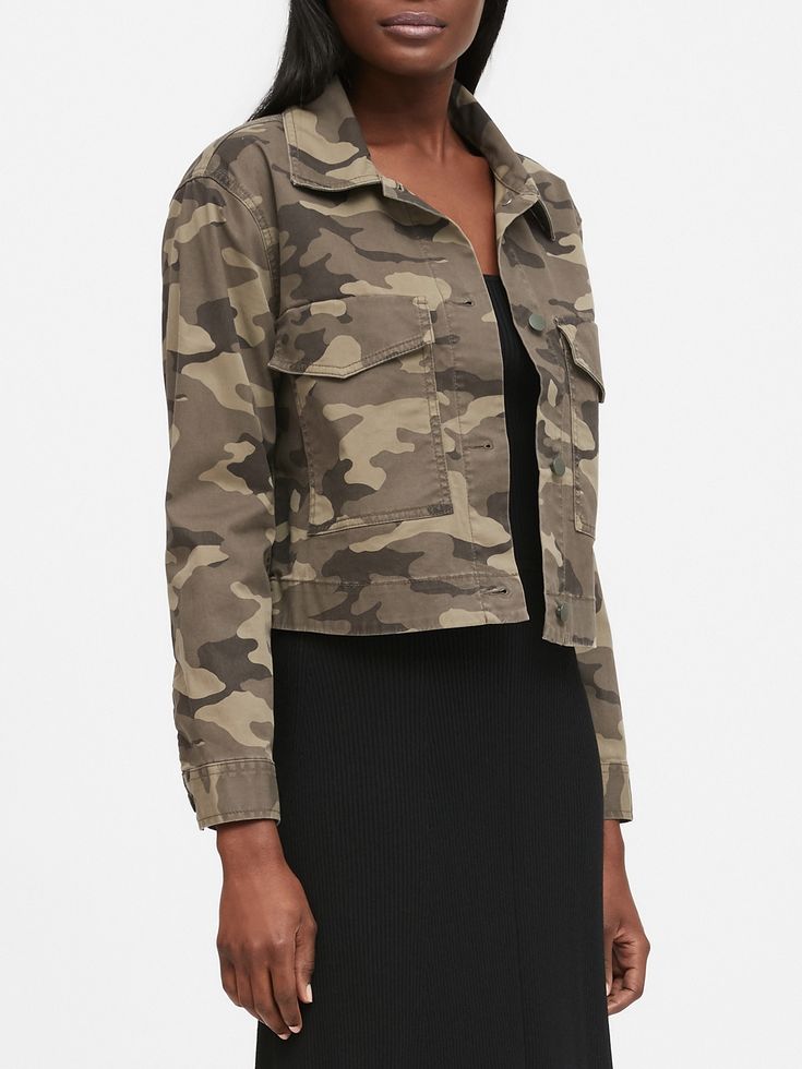 Petite Cropped Utility Jacket | Banana Republic Military Style Cotton Utility Jacket With Button-up, Military Style Cotton Utility Jacket With Collar, Utility Cotton Button-up Cropped Jacket, Military Style Single-breasted Collared Utility Jacket, Military Cotton Collared Utility Jacket, Sherpa Trucker Jacket, High Rise Style, Empower Women, High Waist Fashion