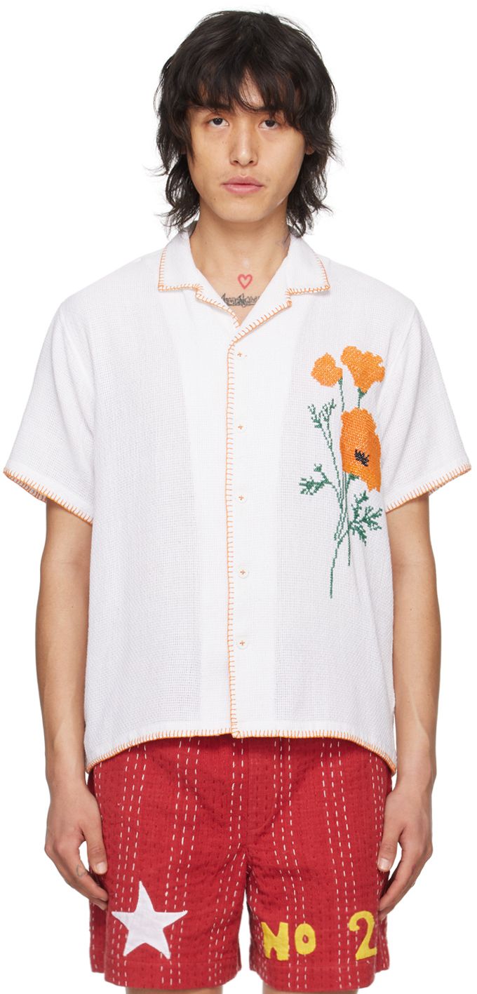 Handcrafted mock leno-woven cotton shirt. Whipstitching throughout. · Open spread collar · Button closure · Floral graphic embroidered at front Supplier color: Off white Embroidered Camp Collar Shirt For Summer, Summer Embroidered Button-up Camp Shirt, Embroidered Button-up Camp Shirt For Summer, Casual Cotton Camp Shirt With Floral Embroidery, Spring Casual Camp Shirt With Floral Embroidery, Spring Camp Shirt With Floral Embroidery, Floral Embroidered Camp Collar Shirt For Spring, Casual Collared Camp Shirt With Floral Embroidery, Casual Spring Camp Shirt With Floral Embroidery