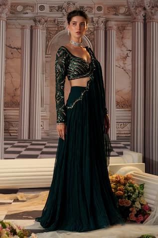 Bottle green pre-draped ruffle layered saree with placement embroidery. Paired with a padded blouse with sequins, crystal, linear embroidery. - Aza Fashions Drape Sari, Bottle Green Saree, Drape Sarees, Green Drapes, Full Sleeve Blouse, Gown Skirt, Vacuum Storage, Indian Wedding Wear, Green Saree