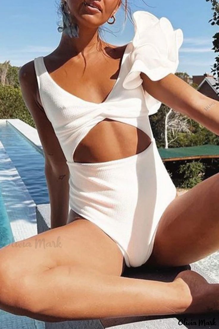 Olivia Mark - Sleek Backless One-Piece Swimsuit with Ruffled Trim Chic Summer Bodysuit For Sunbathing, White Summer One Piece With Ruffles, White Summer One-piece With Ruffles, White Ruffled One-piece For Summer, White Ruffled Summer One Piece, White Ruffled Summer One-piece, Chic Fitted Summer One-piece, Chic Fitted One-pieces For Summer, White Ruffled One-piece Swimsuit