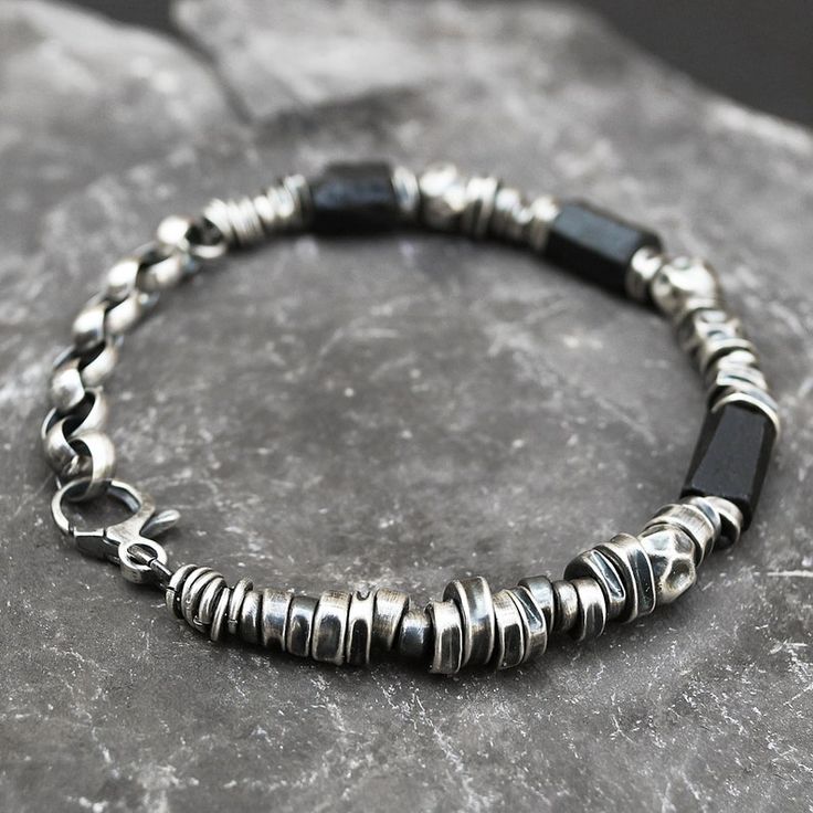 Mens Sterling Silver Tourmaline Bracelet Raw Oxidized Silver Chain Bracelet Black Tourmaline Bracelet Handmade Unique Mens Jewellery - Etsy Black Metal Chain Bracelet With Oxidized Finish, Black Oxidized Sterling Silver Bracelet, Black Sterling Silver Bracelet With Oxidized Finish, Black Oxidized Metal Chain Bracelet, Man Jewellery, Viking Aesthetic, Mens Sterling Silver Jewelry, Wired Jewelry, Men Jewellery