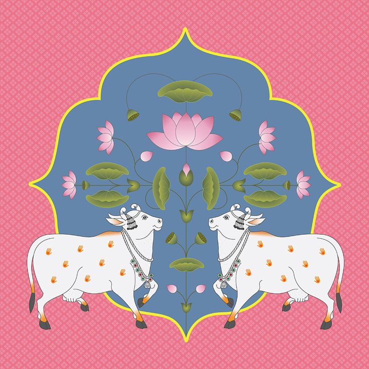 two white cows standing next to each other on a pink and blue background with flowers