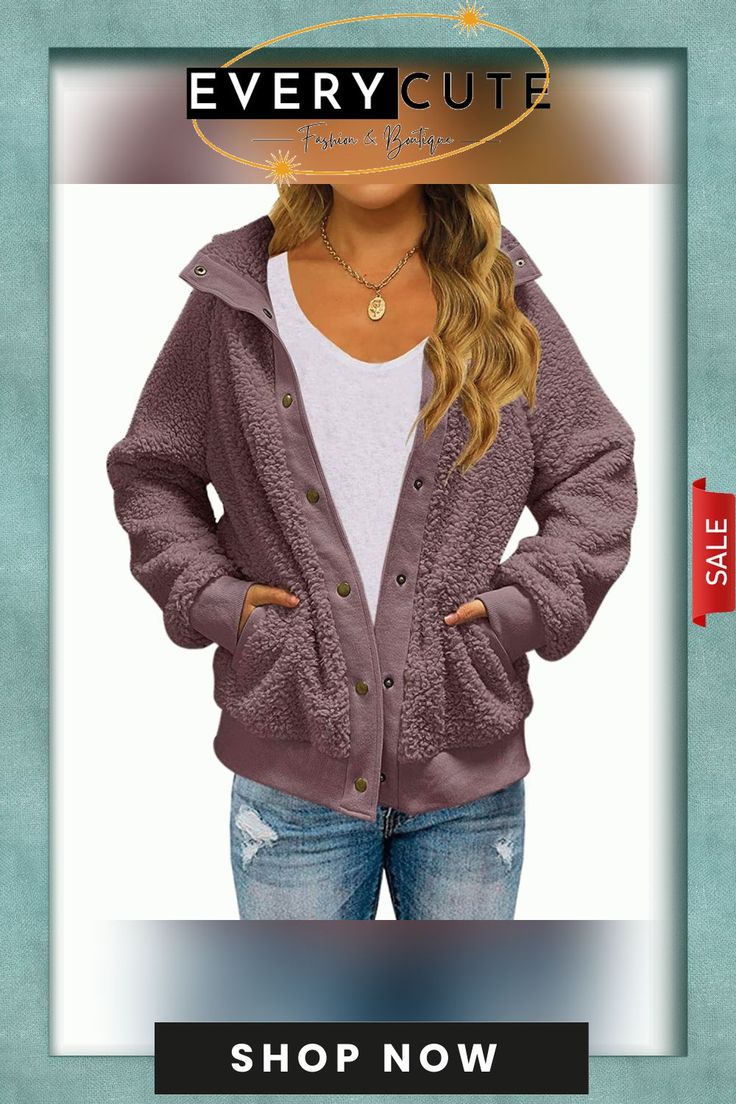 Womens Winter Sherpa Fleece Button Jacket Coat Cozy Long Sleeve Outerwear With Buttons, Cozy Long Sleeve Outerwear With Button Closure, Cozy Outerwear With Buttons For Cold Weather, Winter Outdoor Fleece Jacket With Button Closure, Long Sleeve Outerwear With Button Closure For Cold Weather, Cozy Winter Fleece Jacket With Button Closure, Fleece Jacket With Buttons For Fall Cold Weather, Fall Fleece Jacket With Buttons For Cold Weather, Cozy Button-up Outerwear With Button Cuffs