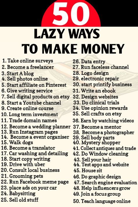 the 50 lazy ways to make money poster is shown in black and white with red text