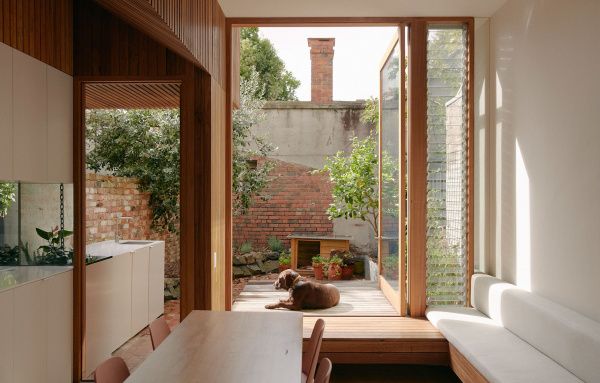 a dog laying on the floor in a room with wooden floors and walls, looking out onto an outdoor area