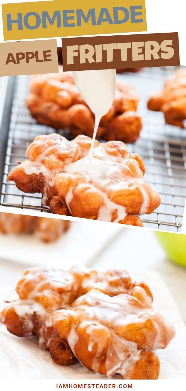 homemade apple fritters with cinnamon glaze being drizzled over them