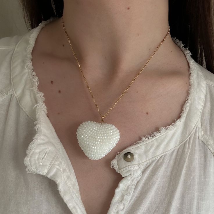 "The Beaded Heart Necklace ✨ Featuring a large beaded puffy heart pendant (choose color) and an 18k gold filled oval link chain (18\" with extender). if you need a custom length, DM me!  hearts measure at approx 1.5\" x 1.5\" (may vary just slightly- each one is unique!)  Unisex. Made with love 🫶" White Beaded Necklaces With Heart Pendant, White Beaded Necklaces With Heart Charm As Gift, White Heart Pendant Beaded Necklaces For Jewelry Making, White Heart Pendant Beaded Necklace For Jewelry Making, Handmade White Beaded Necklaces With Heart Shape, Handmade White Beaded Necklace With Heart Shape, Heart Pendant Beaded Necklaces For Jewelry Making, White Beaded Necklace With Heart Charm Pendant, White Beaded Necklace With Heart Pendant