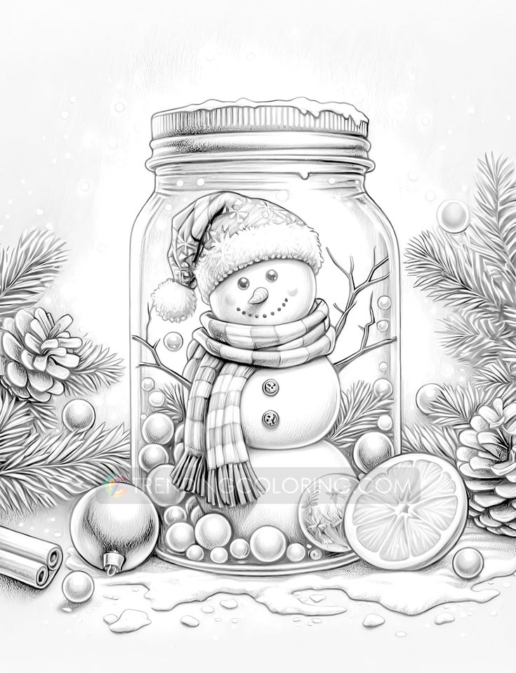 a drawing of a snowman in a jar surrounded by pine cones and other christmas decorations