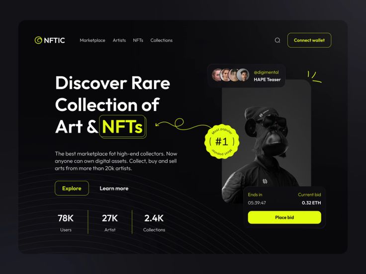 the website for art and nft's is shown with an image of a man wearing