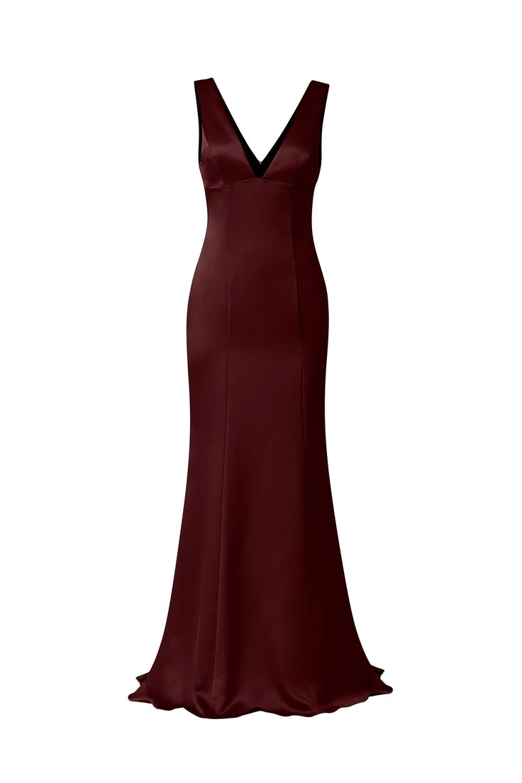 Style reigns in this empire-bodice gown, which accentuates the back with a deep V that mirrors the front. The fluid satin fabric holds structure at the top and drapes gorgeously to the ground. Shown in Jade. Black And Maroon Dress, Satin V-neck Evening Dress For Gala, Satin V-neck Dress With Sweep Train For Evening, Satin V-neck Gown With Sweep Train, Glamorous Satin Evening Dress With Sweep Train, Silk Ball Gown Evening Dress With Sweep Train, Satin Finish Maxi Evening Dress For Gala, Elegant V-neck Gown With Sweep Train, Satin V-neck Evening Dress With Pleated Bodice