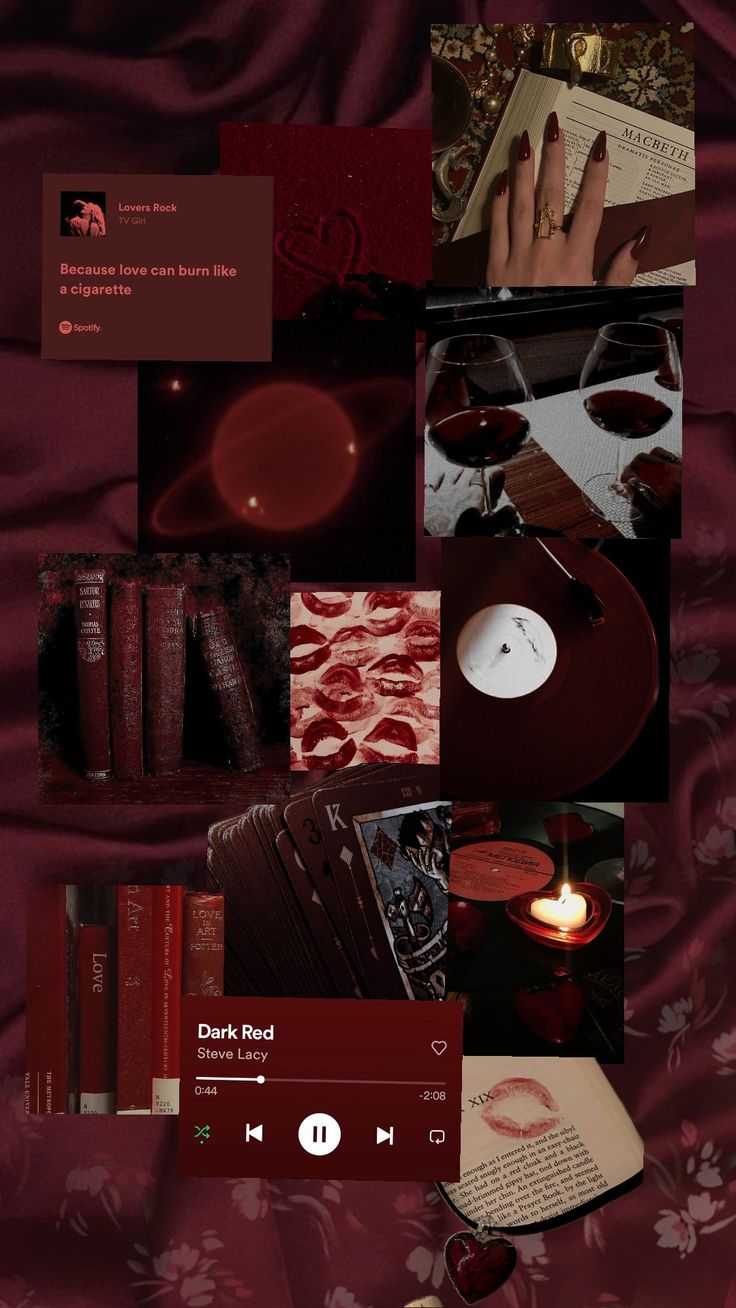 a collage of red images with text and pictures on them that include candles, books