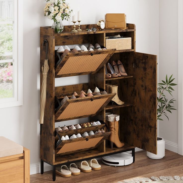 a wooden shoe rack filled with lots of shoes