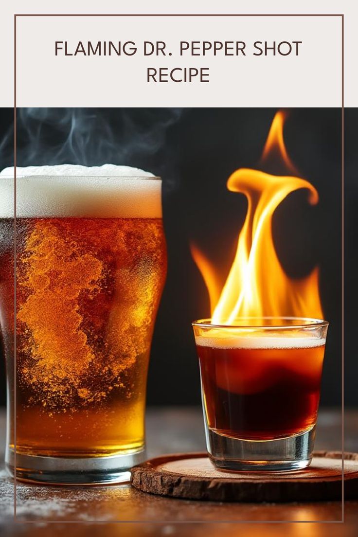 two glasses of beer sitting on top of a wooden table next to a fire burning in the background