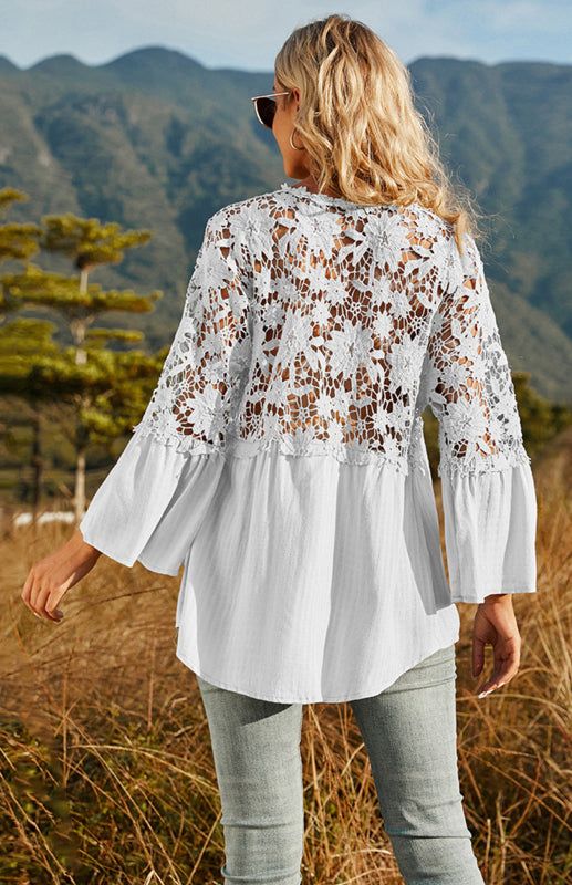 Elevate your casual style with the GYPSY GIRL Pullover Chiffon Blouse. This deep V blouse features delicate lace details and three-quarter sleeves, perfect for casual social outings. Pair with jeans or tailored pants for effortless elegance and trendy vibes. Size Chart(inch) ⏹️ Size Length Length Shoulder Bust Waist Hip S 28 27 11 27 23 26 M 29 27 12 29 25 28 L 30 28 12 32 28 31 XL 31 29 13 35 31 34 OUR SIZE CHART HACK! WE USE THESE ICONS AS A GUDIE TO INFORM OUR CUSTOMERS HOW THE MEASURMENTS COMPARE TO A STANDARD U.S. SIZE CHART SO YOU CAN MAKE THE BEST DECSION WHEN ORDERING. 🔷Runs True ⏹️Runs Small 🌗In between 🟡Runs Large 🌀Junior Size 🅾️One Size Material composition: 95% Polyester, 5% CottonFabric elasticity: No elasticity Ladies Chiffon Shirts, Lace Long Sleeve Shirt, Blouse Casual Fashion, White Shirts Women, Lace Button, Lace Neckline, Sleeves Clothing, Lace Crochet, Flounce Sleeve