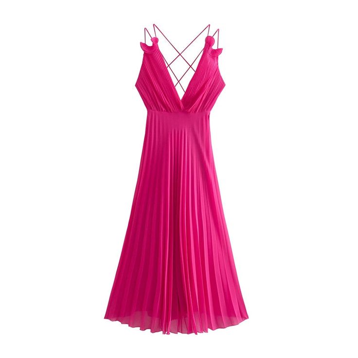 SizeGarment Flat Measurements (cm) XS: Bust 82 Waist 62 Length 127 S: Bust 86 Waist 66 Length 128 M: Bust 90 Waist 70 Length 129 L: Bust 94 Waist 74 Length 130 1 cm = 0.39 in , 1 in = 2.54 cm Pink Halter Neck Maxi Dress For Party, Elegant Strappy Maxi Dress For Party, Chic Rose Red Party Dress, Elegant Rose Red Dress For Party, Pink Pleated Dress For Night Out, Pleated Spaghetti Strap Maxi Dress For Party, Pleated Maxi Dress With Spaghetti Straps For Party, Fitted Strappy Maxi Dress For Party, Rose Red Summer Party Dress