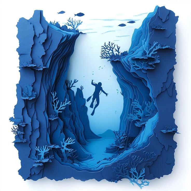 a paper cut image of a person diving in the ocean with corals and fish