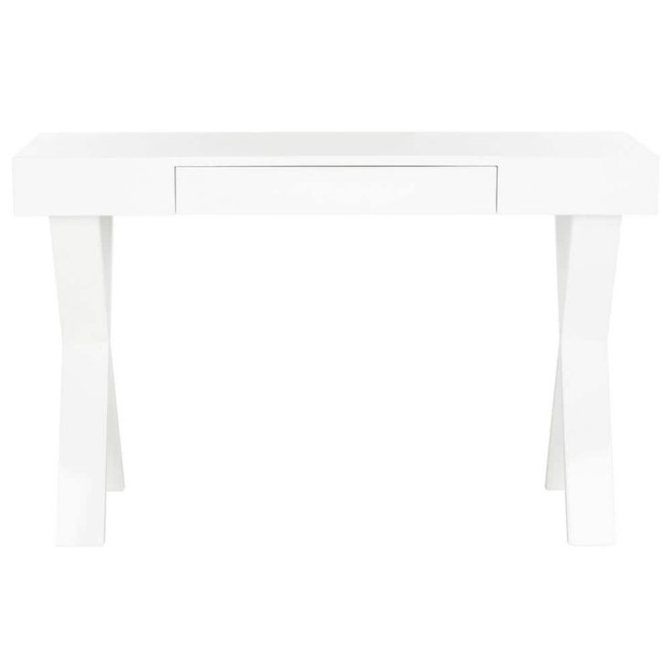 a white desk with two legs and a drawer