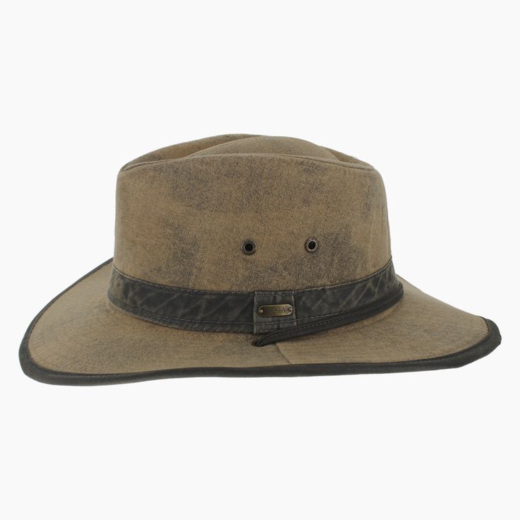 'The Buckthorn is well suited to the adventurous soul who craves a rugged hat for outdoor exploring. Made of waxed cotton that repels moisture, the Buckthorn is an outback safari style that features a vented modified teardrop crown for air flow. Trimmed with a faux leather hat band and matching brim edging, this sturdy hat will stay in place with its adjustable chin strap. Lightweight and pliable, the wide brim offer a hidden wire along the edge that can be hand shaped to meet your needs. *Exclu Pork Pie Hat, Hat Size Chart, Pork Pie, Leather Hat, Safari Style, Leather Hats, Cloche Hat, Hand Shapes, Felt Hat