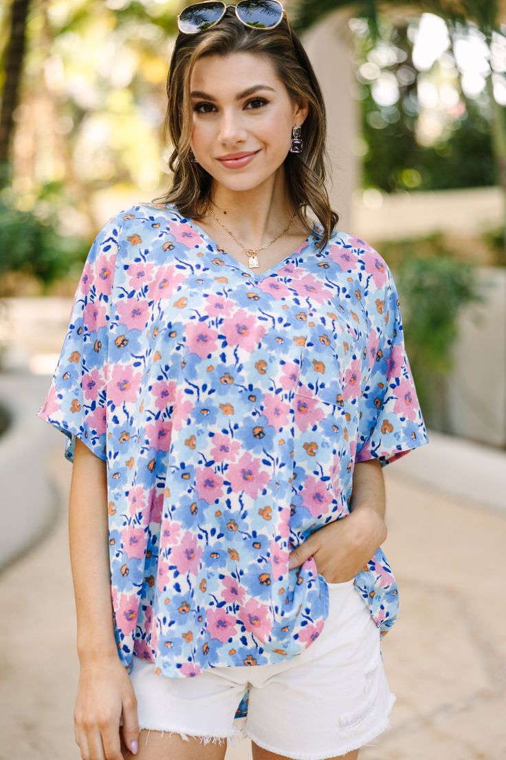 shop the mint, boutique clothing for women, trendy online boutique Blue Floral Top, Mint Julep Boutique, Flowy Sleeves, Model Fits, Be Better, Personal Marketing, Floral Top, Medium Blue, Savannah