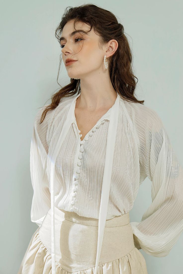 White Pleated Blouse/ Silk Long Sleeves Button Down Shirt / | Etsy Graduation Blouse, Resort 23, Ivory Skirt, Office Blouse, White Silk Blouse, Blouse Summer, Romantic Blouses, Blouse Silk, Perfect Closet