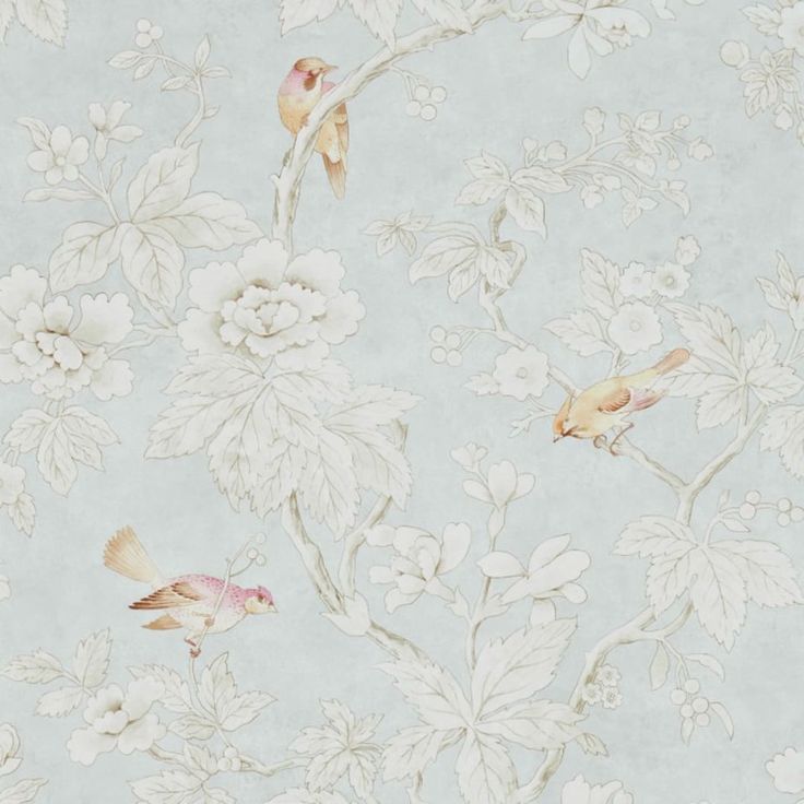 a wallpaper with birds and flowers on the side, in pastel blue tones