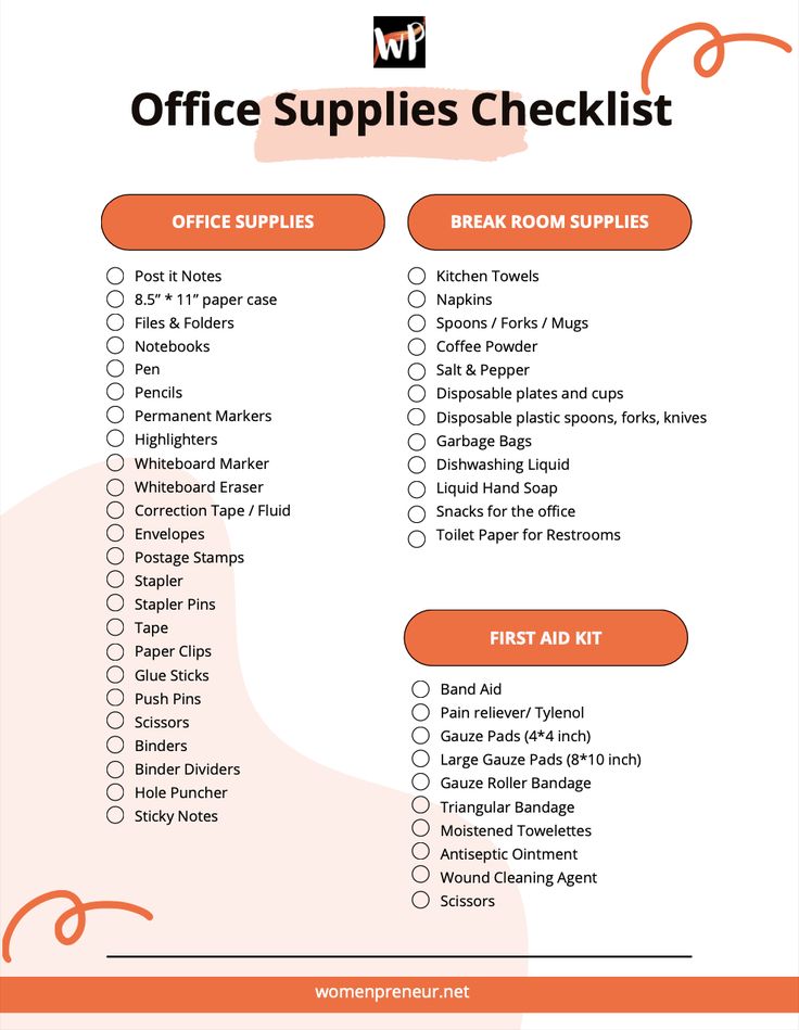 the office supplies checklist is shown in an orange and white poster with text on it