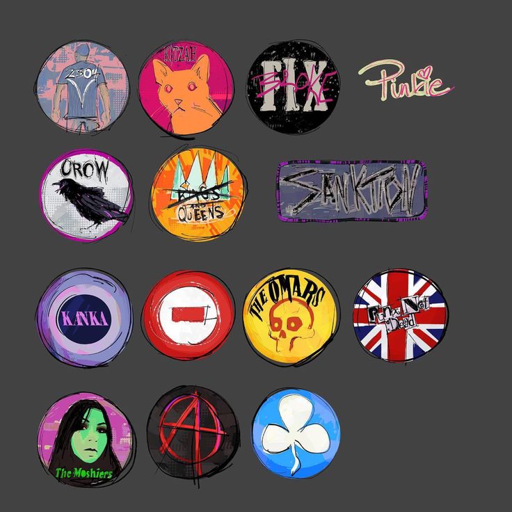 a bunch of different colored buttons on a black background with the words punk written in them