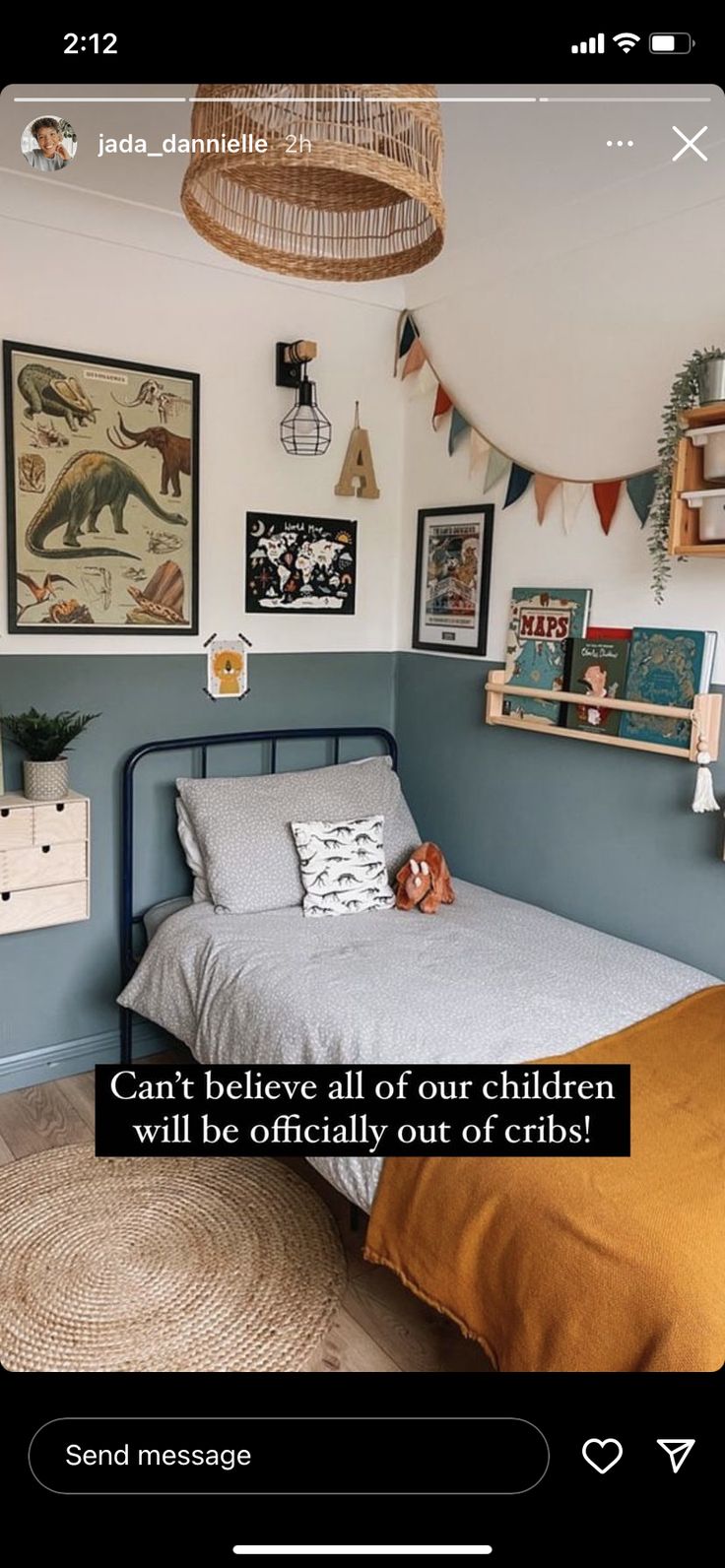 a bed room with a neatly made bed and lots of pictures on the wall above it