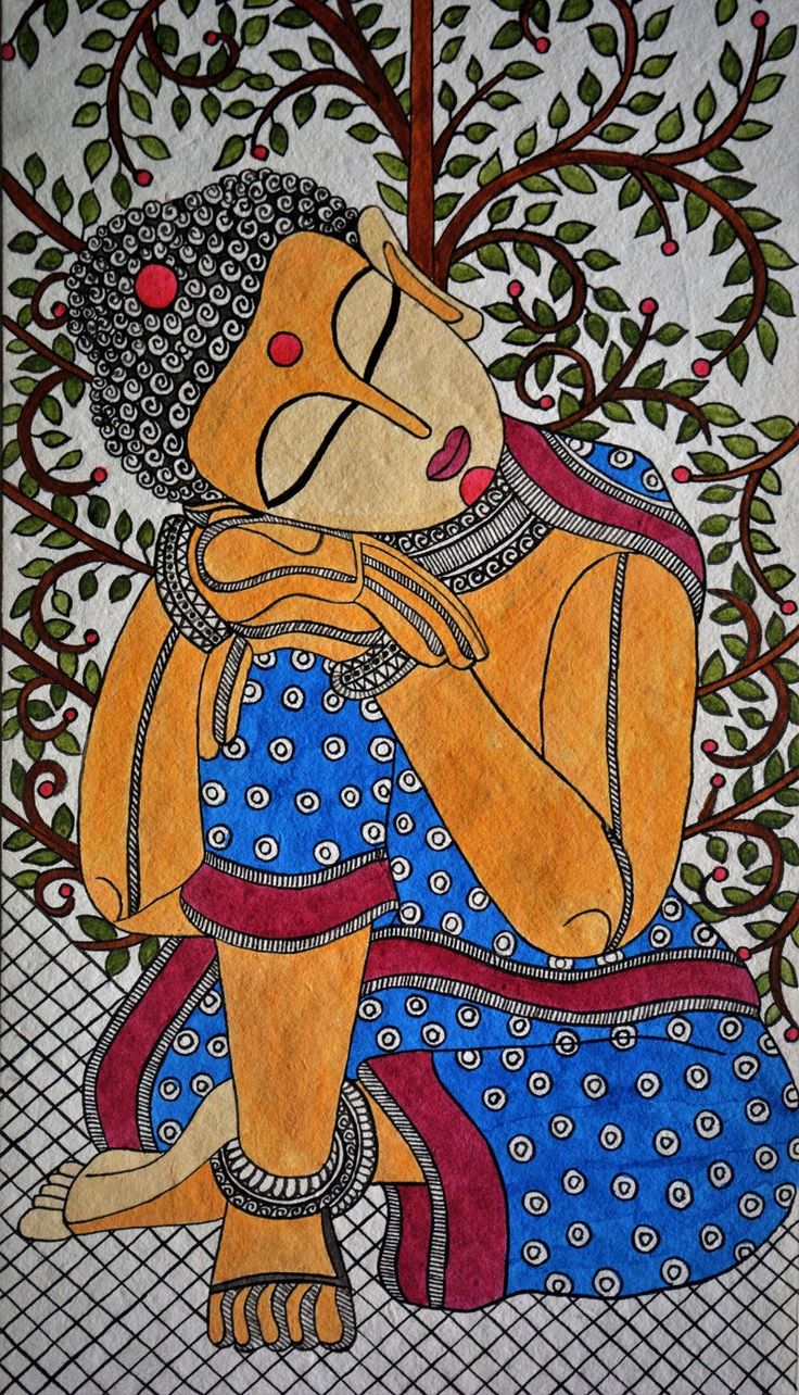 an artistic painting on paper depicting a woman sitting under a tree with her eyes closed