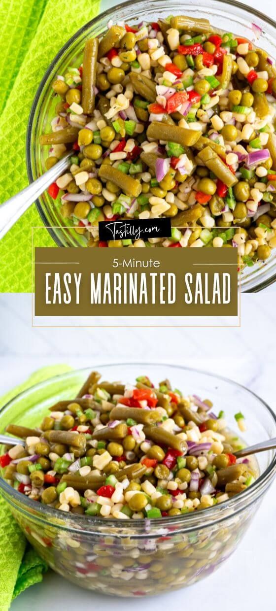 two bowls filled with different types of food and the words easy marinated salad above them