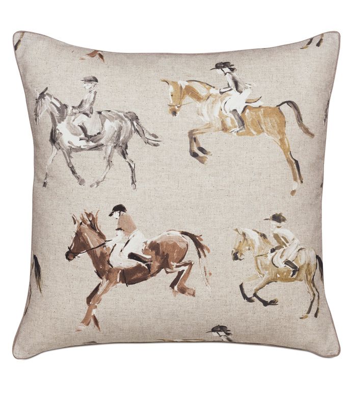 a white pillow with horses on it and two men riding the same horse in different colors