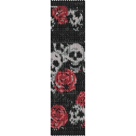 a cross stitched bracelet with skulls and roses on black, white and red beads