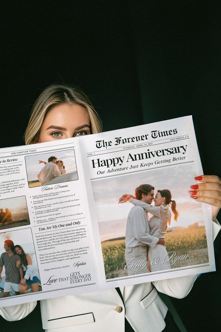 a woman is holding up a happy anniversary newspaper with pictures on the front and back