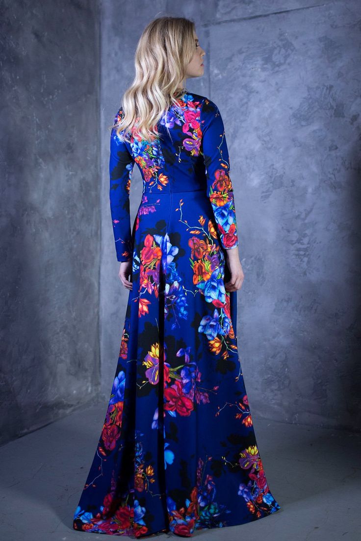 "Maxi Dress, Plus Size Maxi Dress, Floral Dress Dark blue dress with painted flowers ➤ Features > dress length: 60.6\" / 154 cm > front bust pleats > waistband > round neckline > pleats at skirt part > long sleeves > side pockets > zipper at the back ➤ Sizing My Size Guide in FAQ section below will help you define the perfect size match. The item can also be made according to your measurements - just message them to me. ➤ Delivery Your item is made-to-order and will be re Fitted Multicolor Floral Maxi Dress, Blue Floral Print Dress For Evening, Blue Floral Print Evening Dress, Blue Floral Dress For Evening, Blue Floral Print Long Sleeve Maxi Dress, Blue A-line Floral Dress For Party, Royal Blue Maxi Dress For Spring, Blue Floral Dress For Parties, Blue Printed Maxi Dress