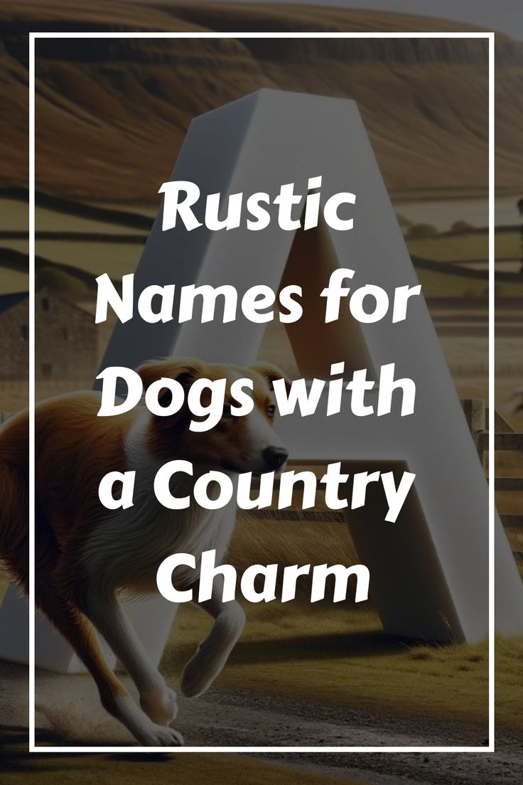 a brown and white dog standing in front of a large letter with the words rustic names for dogs with a country charm