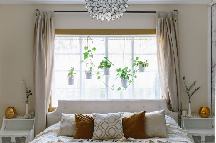 a white bed sitting under a window next to two windows with plants growing on them