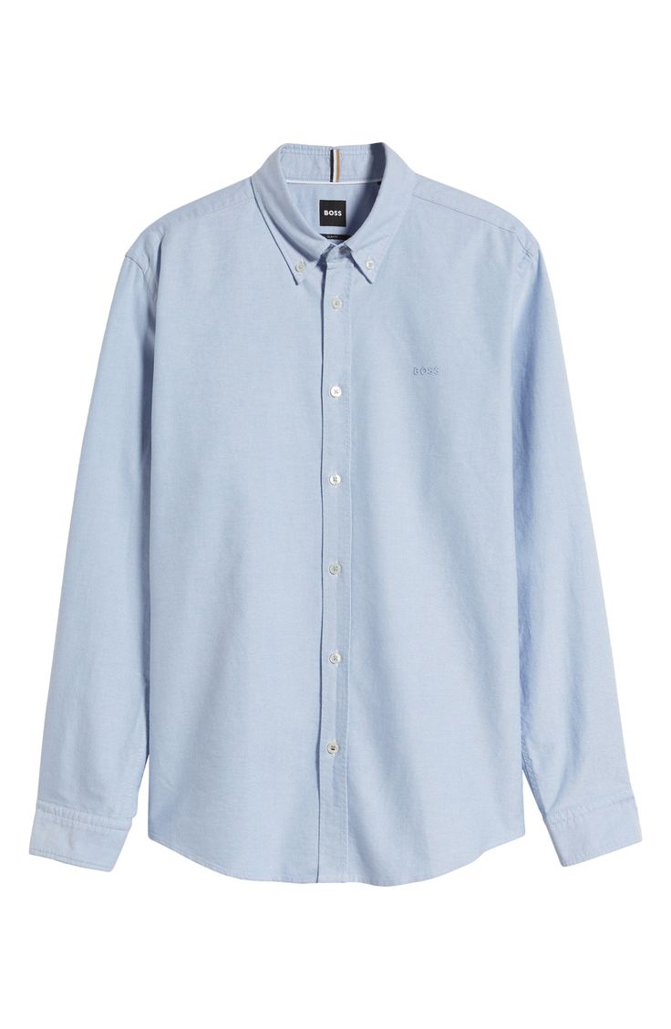 Comfortable and versatile, this solid-color shirt tailored from soft cotton looks great whether you wear it tucked or untucked. 29" length; 40" chest (size Medium) Front button closure Button-down collar Long sleeves with button cuffs 100% cotton Dry clean or machine wash, dry flat Imported Casual Cotton Button-up Dress Shirt, Relaxed Fit Cotton Dress Shirt, Cotton Workwear Shirt, Casual Cotton Dress Shirt With Spread Collar, Business Cotton Shirt With Relaxed Fit, Relaxed Fit Cotton Business Shirt, Relaxed Fit Cotton Shirt For Business, Slim Fit Cotton Button-up Shirt, Relaxed Fit Cotton Dress Shirt With Button Closure