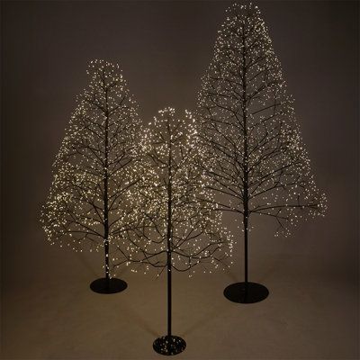 three lighted trees in the dark with white lights on them and one standing up against a gray background