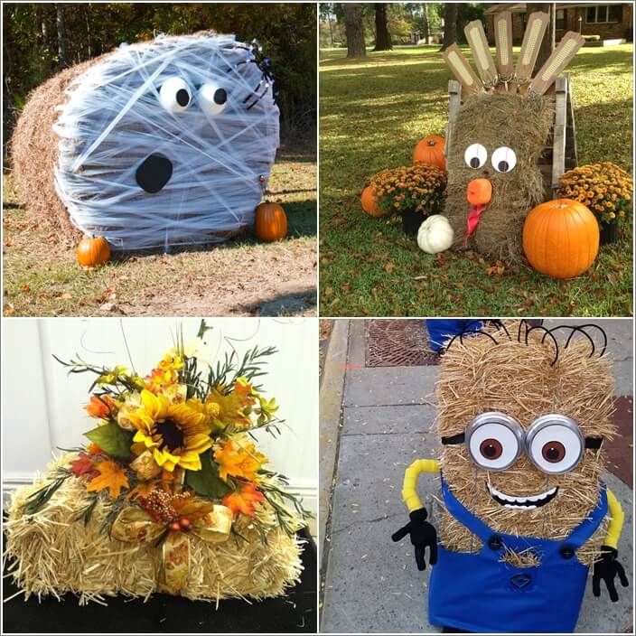 four different pumpkins and hay bales decorated to look like characters