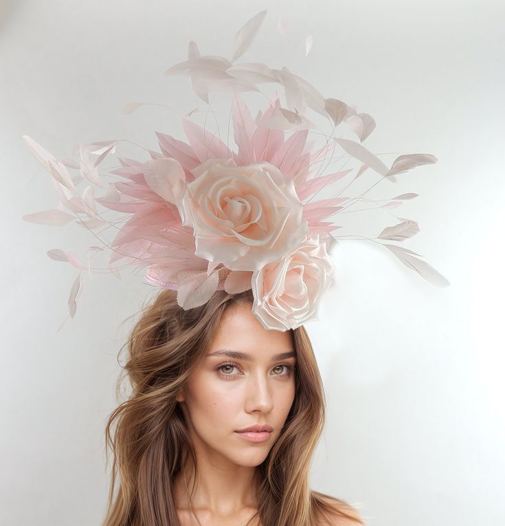 Pale Blush Pink Statement Fascinator Hatinator Hat Kentucky Derby Ladies Royal Ascot Wedding Garden Tea Party Percher Pillbox Pale Baby Pink Sarah Fascinator Hat Gorgeous pale pink silk rose flowers trimmed with pale pink and pink coque feathers and hackle on a pinkm sinamay base Base measures about 6 inches wide This pale blush pink and cream headwear is mounted with a matching headband. If you prefer a headband to match your hair, please make a note at check out what colour headband you want. Spring Ceremony Headband Fascinator, Summer Feminine Fascinator, Summer Feminine Fitted Fascinator, Summer Ceremony Hats And Headpieces, Cream Headpieces For Spring Ceremonies, Spring Ceremony Headpiece Headband, Spring Ceremony Headpieces With Headband Shape, Summer Wedding Headpiece With Feathers, Spring Wedding Costume Headband