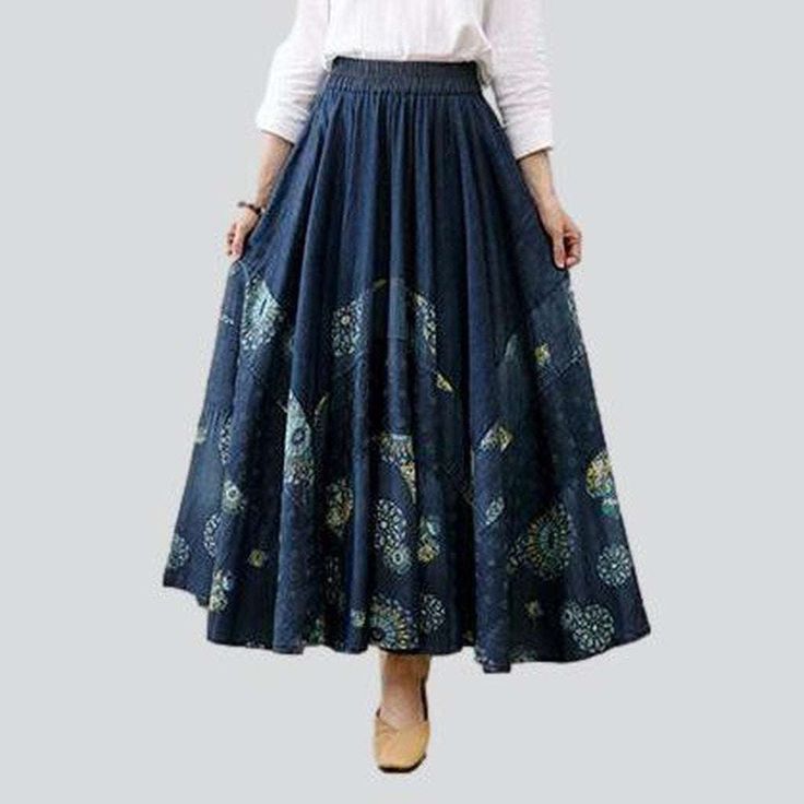 Introducing our Flare Embroidered Long Denim Skirt from the 2023 Autumn Collection ââ‚?the ultimate street trend statement! Stand Out In StyleThis extraordinary piece combines fashion and function. flawlessly blending street-trend with modern sophistication. From the high-waisted shape to the rubber closure. this skirt is the epitome of contemporary chic. Embrace your bold side with the unique flare style. and make a statement with the intricate embroidery.Distinctive Features: Street Style: Exu Bohemian Dark Wash Bottoms For Spring, Spring Non-stretch Denim Skirt, High Waist Denim Blue Skirt For Spring, Blue Denim Skirt For Spring, Dark Wash Embroidered Bottoms For Summer, Spring Cotton Maxi Skirt With Pockets, Cotton Maxi Skirt With Pockets For Spring, Spring Fitted Long Denim Skirt, Embroidered Dark Wash Bottoms For Summer